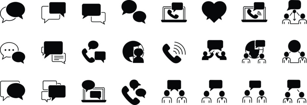 Collection of communication line icons including speech bubbles, phone calls, video chats, laptops, people conversation, messages, teamwork, connectivity symbols &ndash; flat vector illustration