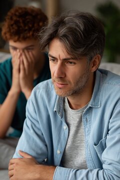 Middle aged man looking contemplative while teen appears upset on couch