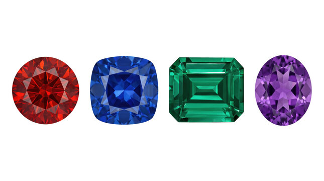 Luxury precious gemstones ruby sapphire emerald amethyst isolated on transparent background