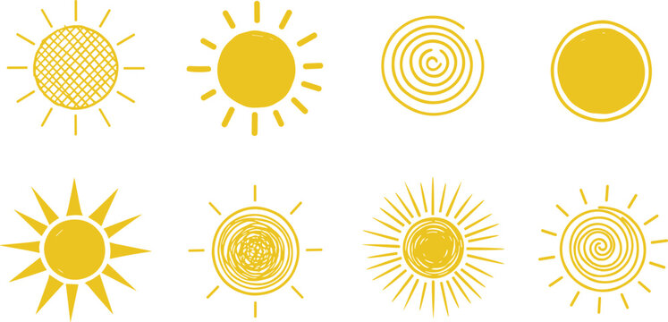 Collection of eight stylized sun icons with rays, spirals, circles, textures, patterns, radiating lines, swirl designs for art, symbol, illustration &ndash; flat vector illustration