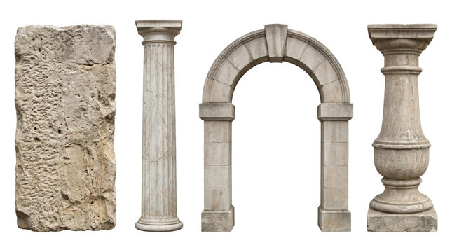 Antique marble column arch and stone architectural elements, isolated on transparent background