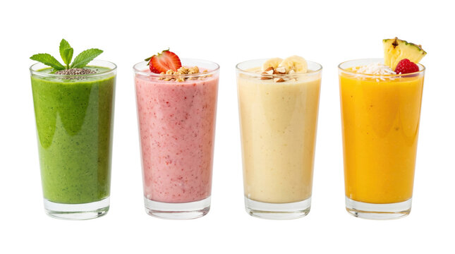 Delicious healthy fruit and vegetable smoothies assortment isolated on transparent background