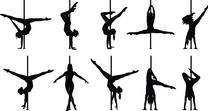 Collection of ten pole dance silhouettes showing acrobatic poses, inverted splits, handstands, extended legs, strength, flexibility, balance, fitness art &ndash; flat vector illustration
