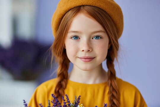 Redheaded girl smiling holding lavender bouquet in studio