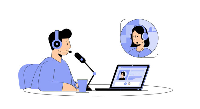 Podcast Host Interviewing Guest via Online Video Call Illustration. Flat Vector Design for Digital Communication, Remote Broadcasting, Webinar, and Streaming Content.