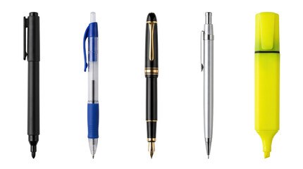 Fototapeta premium Elegant writing instruments and highlighter pen set, isolated on transparent background