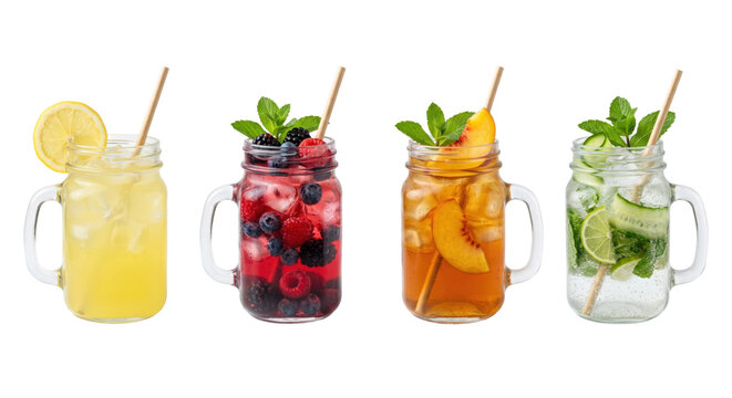 Summer fruit drinks and mocktails in mason jars, isolated on transparent background