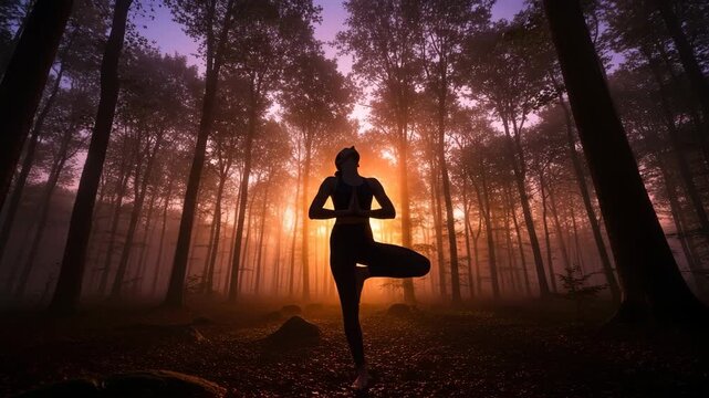 Woman practicing yoga tree pose in misty forest at sunset 4K Ai HD high quality video.