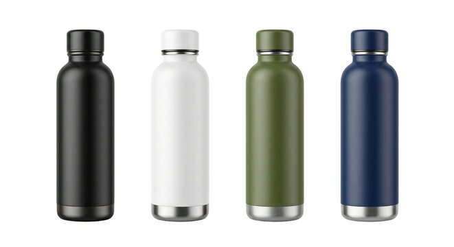 Four stainless steel water bottles in different colors, isolated on transparent background