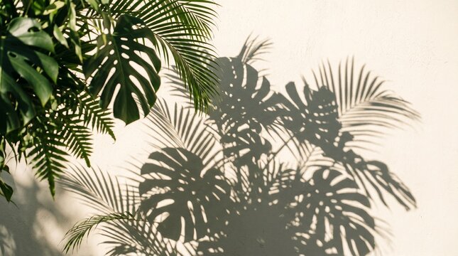 Tropical leaf shadows, palm tree silhouettes, green foliage, beige background