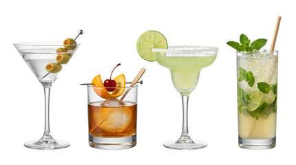 Naklejka na ściany i meble Four classic alcoholic cocktails set, isolated on transparent background