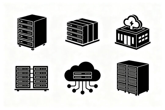 Cloud computing data center and server storage icon collection featuring enterprise hosting infrastructure and network technology elements, idea for IT platforms
