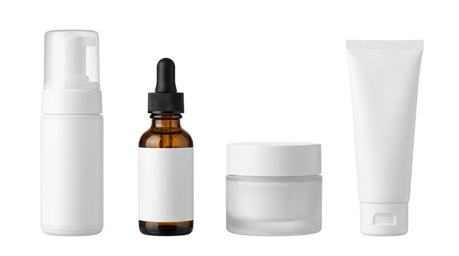 Blank cosmetic packaging container set, isolated on transparent background