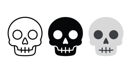 Obraz premium Three stylized human skull vector illustrations featuring distinct outline solid and halftone graphic design elements