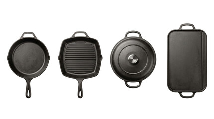 Assorted heavy duty cast iron cookware, isolated on transparent background