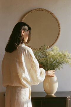 Young woman in light-colored oversized blouse and wide-leg trousers arranging flowers in a vase on a dark wooden table with a round mirror in the background