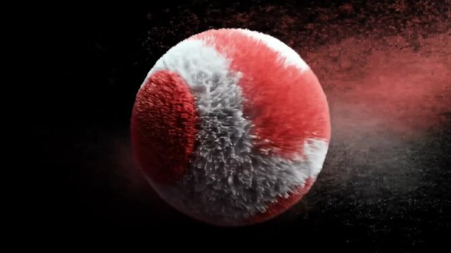 A close-up, abstract, fluffy egg-shaped object with red and white stripes, floating in a dark space