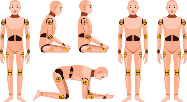 A detailed series of crash test dummies in various poses, featuring articulation points and safety markers, on a white background.