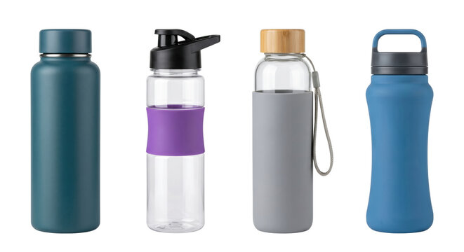 Assorted reusable sports water bottles, isolated on transparent background