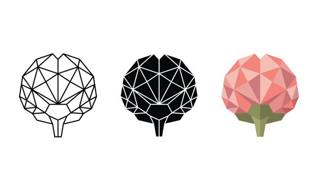 Minimalist low poly brain vector illustration featuring black line art and solid pink geometric shapes