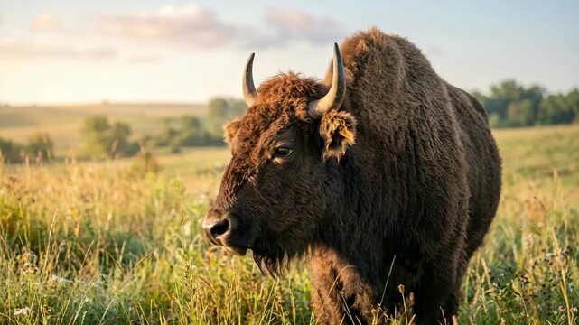 beefalo close up morning light north american grassland wildlife video