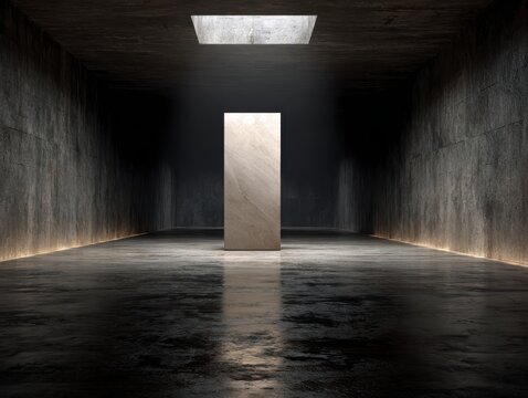 Minimalist interior of a concrete room with a tall stone monolith illuminated by a skylight creating dramatic light and shadow effects.