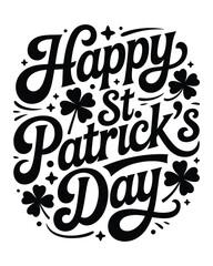 Fototapeta premium Happy Saint Patricks Day typography with black shamrock and stars on a white background for holiday celebration