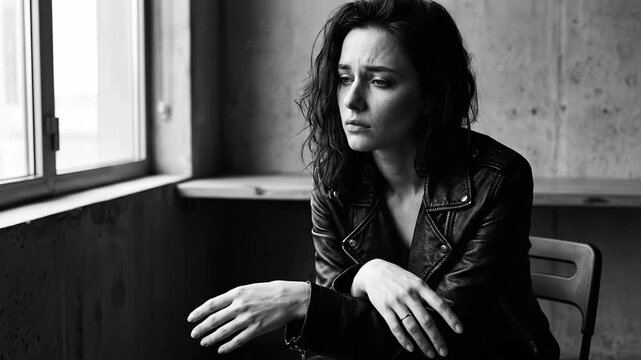 Distressed woman in a leather jacket sits alone in a raw concrete room. Her vacant stare and slumped posture in stark black and white convey deep depression and urban isolation.