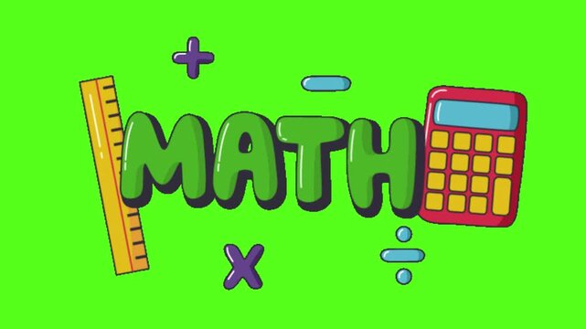 A colorful video animation of a math concept with a calculator and ruler on a green background