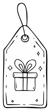 Hand-drawn festive gift tag with sparkling present icon and string