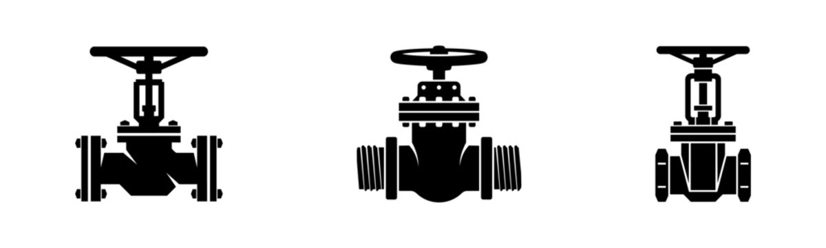 Industrial valve icons set. Vector silhouette of globe valve, gate valve, and control valves for plumbing, water supply, oil, gas, and pipeline engineering pipeline systems.