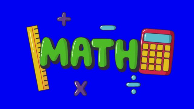 A colorful video animation of math symbols and tools on a blue background