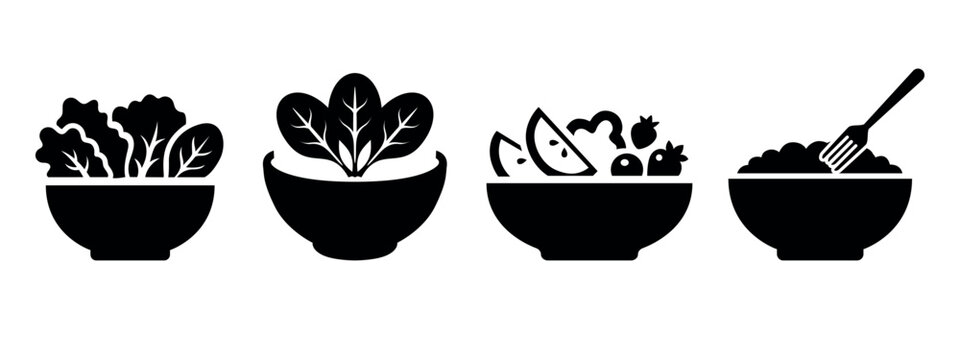 Salad bowl icons, fresh vegetable healthy food symbol set