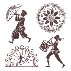Traditional indian folk dancers with musical instruments and decorative elements © Sakib