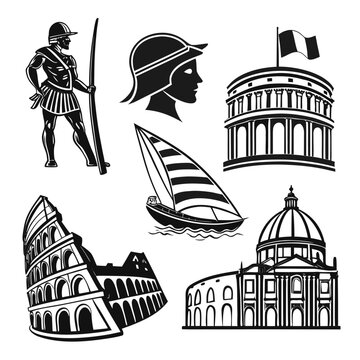 Collection of iconic symbols representing ancient rome a gladiator a sailboat