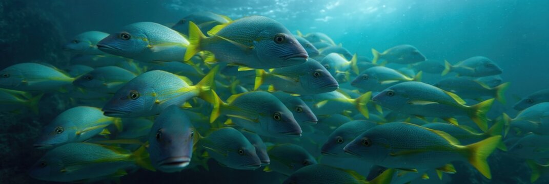 School of yellowtail fish swimming together underwater reef