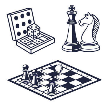 Chess pieces dice backgammon set illustration with board games game pieces black and whi