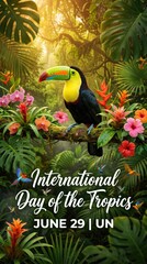 Obraz premium Vibrant tropical rainforest with colorful toucan on branch