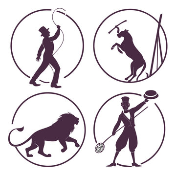 Circus performers and animals in silhouette with circus tent circus ring circus performa