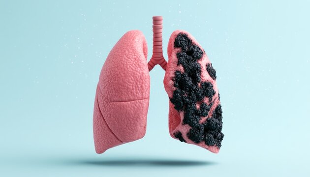Healthy lung juxtaposed with damaged, blackened lung tissue against blue background