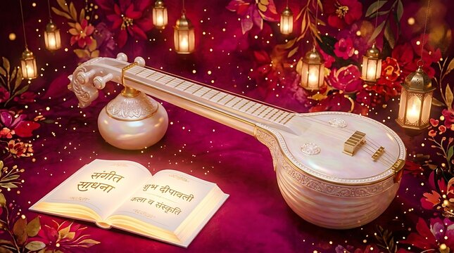 Ornate Veena Musical Instrument and Open Book with Indian Text