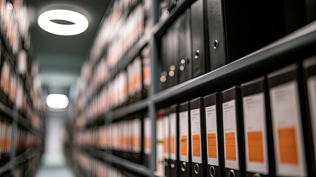 Rows of black binders with orange labels fill shelves in a well-lit archive