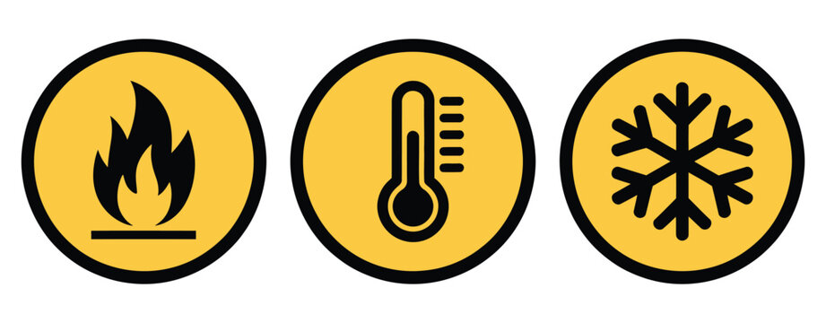 Safety icon set, hot surface fire hazard warning symbols, laser and cold caution signs, workplace danger and industrial risk alert vector illustration.