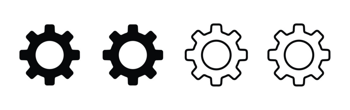 Cogwheel Collection. A set of four cogwheels, two solid black and two outlined, arranged in a row, representing industry and mechanics.