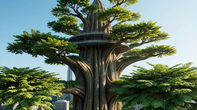 Gigantic ancient tree with a modern treehouse platform overlooking a futuristic city skyline, representing a green utopia and the harmony between nature and architecture