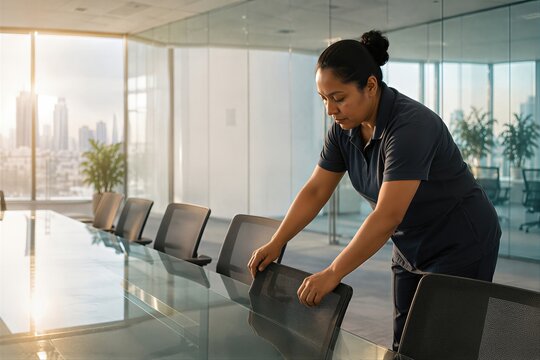 Woman janitor arranging chair in modern corporate office meeting room. Professional cleaner preparing workspace for conference. Office maintenance, service and hygiene concept.