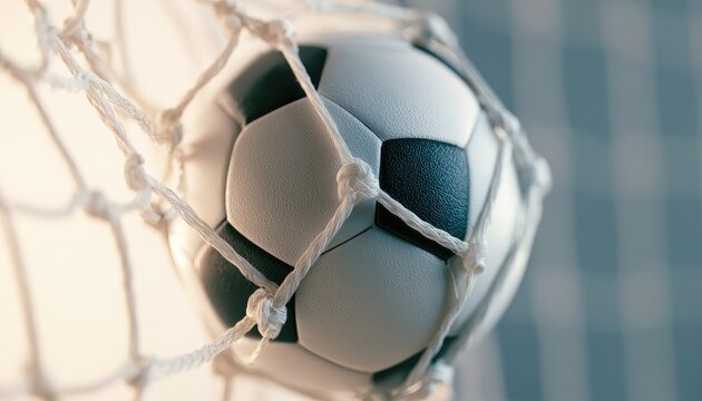 A classic soccer ball is caught in the white netting of a goal