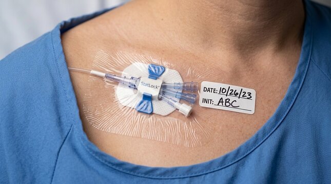 Central Line Dressing on Upper Chest Date Label Stat Lock CVC Care Intensive Care