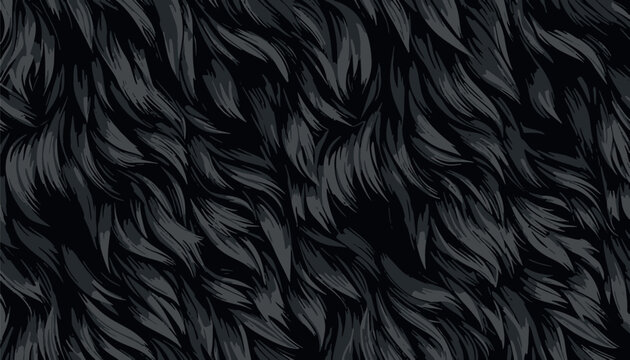 Vector illustration of a dark black and grey animal fur texture seamless background. Perfect for elegant fashion prints, textile fabric designs, exotic winter backdrops, and wild faux hair.