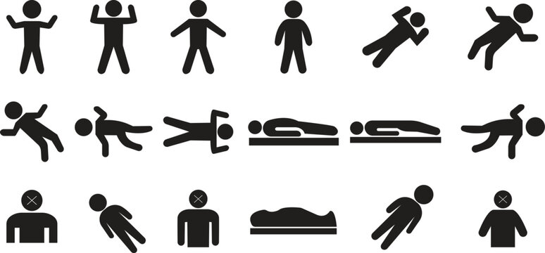 Dead Body Icons Set, Group Collection Black Fill Vector Death and Corpse Symbols Set Flat Silhouette Funeral, Crime Scene and Mortality Icons